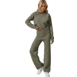 Double Take Full Size Checkered Round Neck Top Pants Beige Women's Knit Set sz L